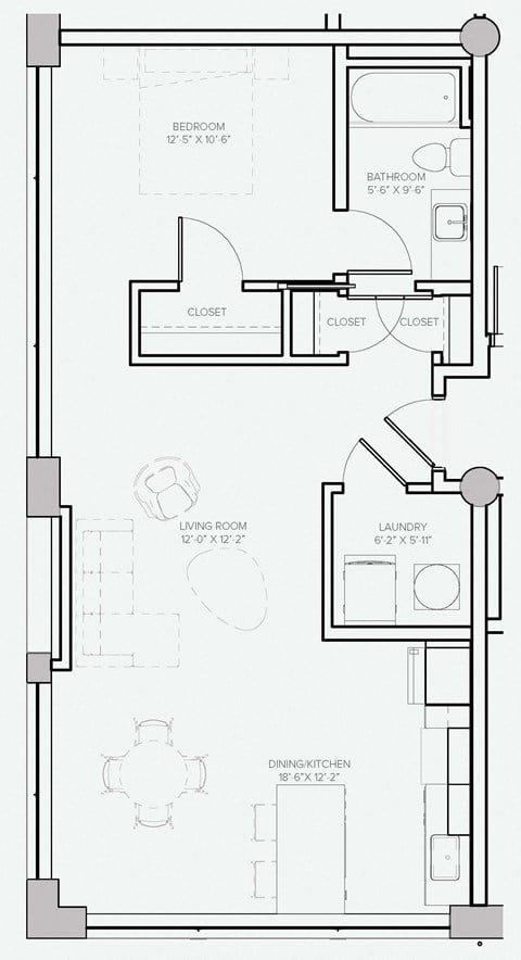 Floor plan for 1 bed, 1 bath, 697 sqft